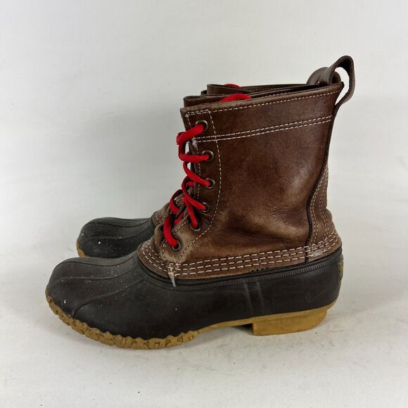 L.L.Bean Women's 7 Brown Buffalo Leather Lace-Up Mid Calf Round Toe Duck Boots - Picture 5 of 9